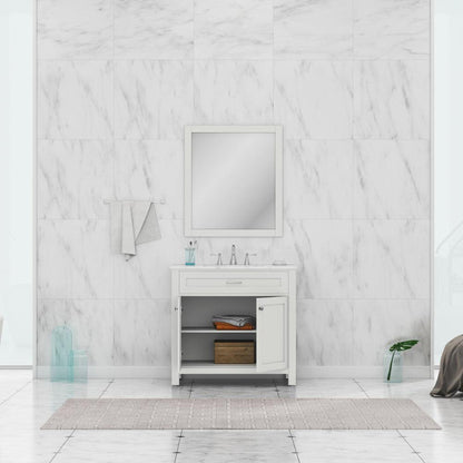 Alya Bath Norwalk 36" Single White Freestanding  Bathroom Vanity With Carrara Marble Top, Ceramic Sink and Wall Mounted Mirror - HE-101-36-W-CWMT + HE-101/102-36-W-M