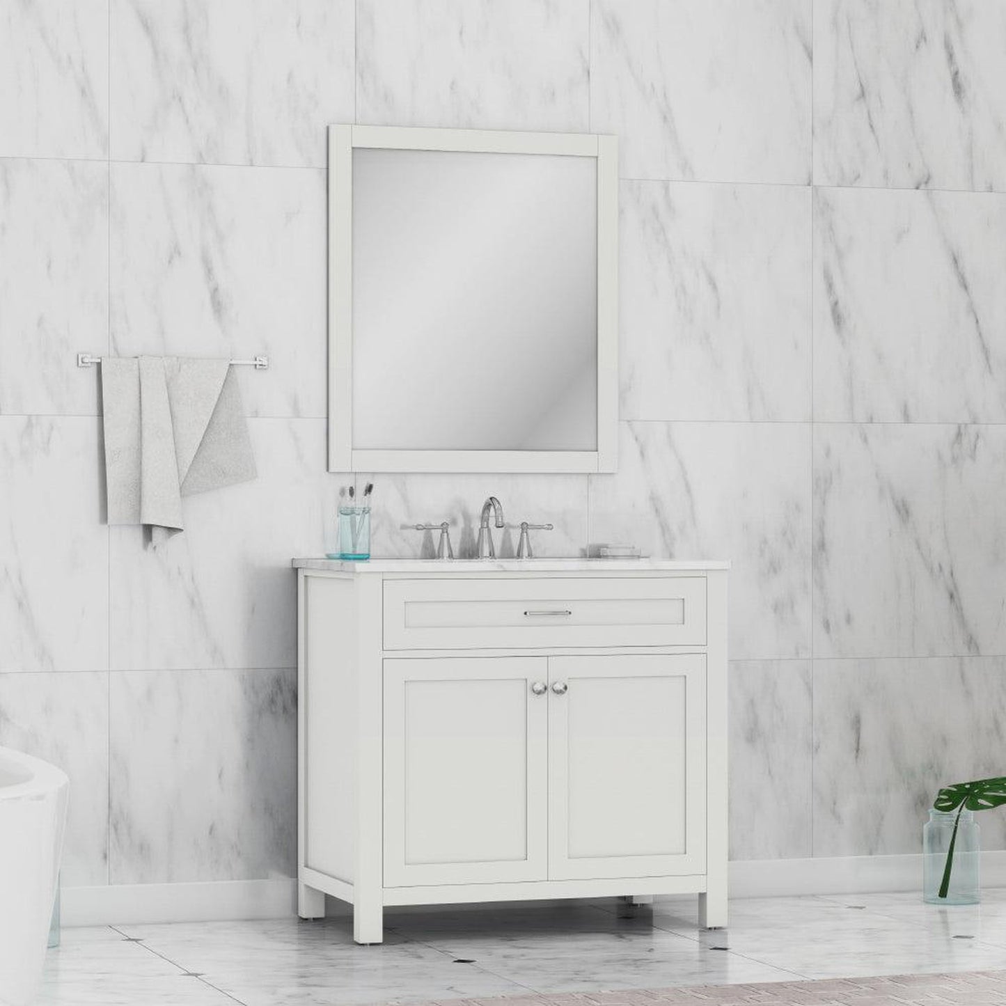 Alya Bath Norwalk 36" Single White Freestanding  Bathroom Vanity With Carrara Marble Top, Ceramic Sink and Wall Mounted Mirror - HE-101-36-W-CWMT + HE-101/102-36-W-M
