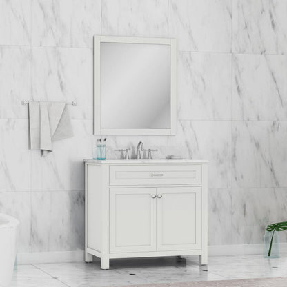 Alya Bath Norwalk 36" Single White Freestanding  Bathroom Vanity With Carrara Marble Top, Ceramic Sink and Wall Mounted Mirror - HE-101-36-W-CWMT + HE-101/102-36-W-M