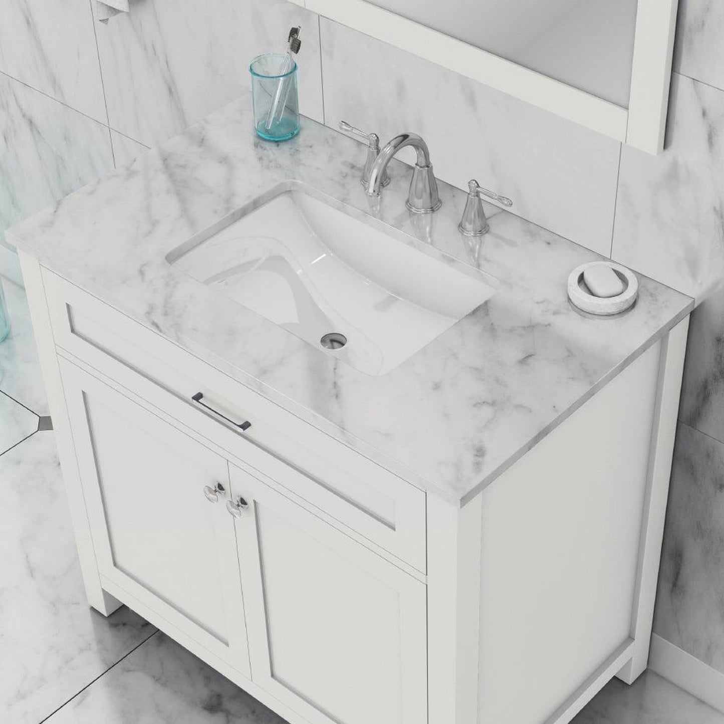 Alya Bath Norwalk 36" Single White Freestanding  Bathroom Vanity With Carrara Marble Top, Ceramic Sink and Wall Mounted Mirror - HE-101-36-W-CWMT + HE-101/102-36-W-M