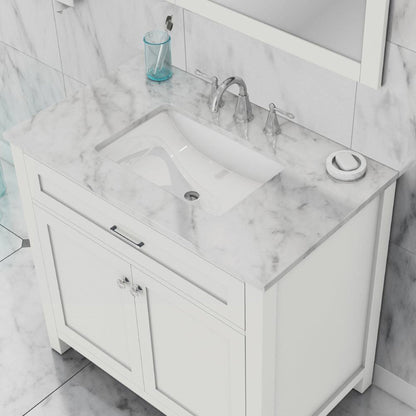 Alya Bath Norwalk 36" Single White Freestanding  Bathroom Vanity With Carrara Marble Top, Ceramic Sink and Wall Mounted Mirror - HE-101-36-W-CWMT + HE-101/102-36-W-M