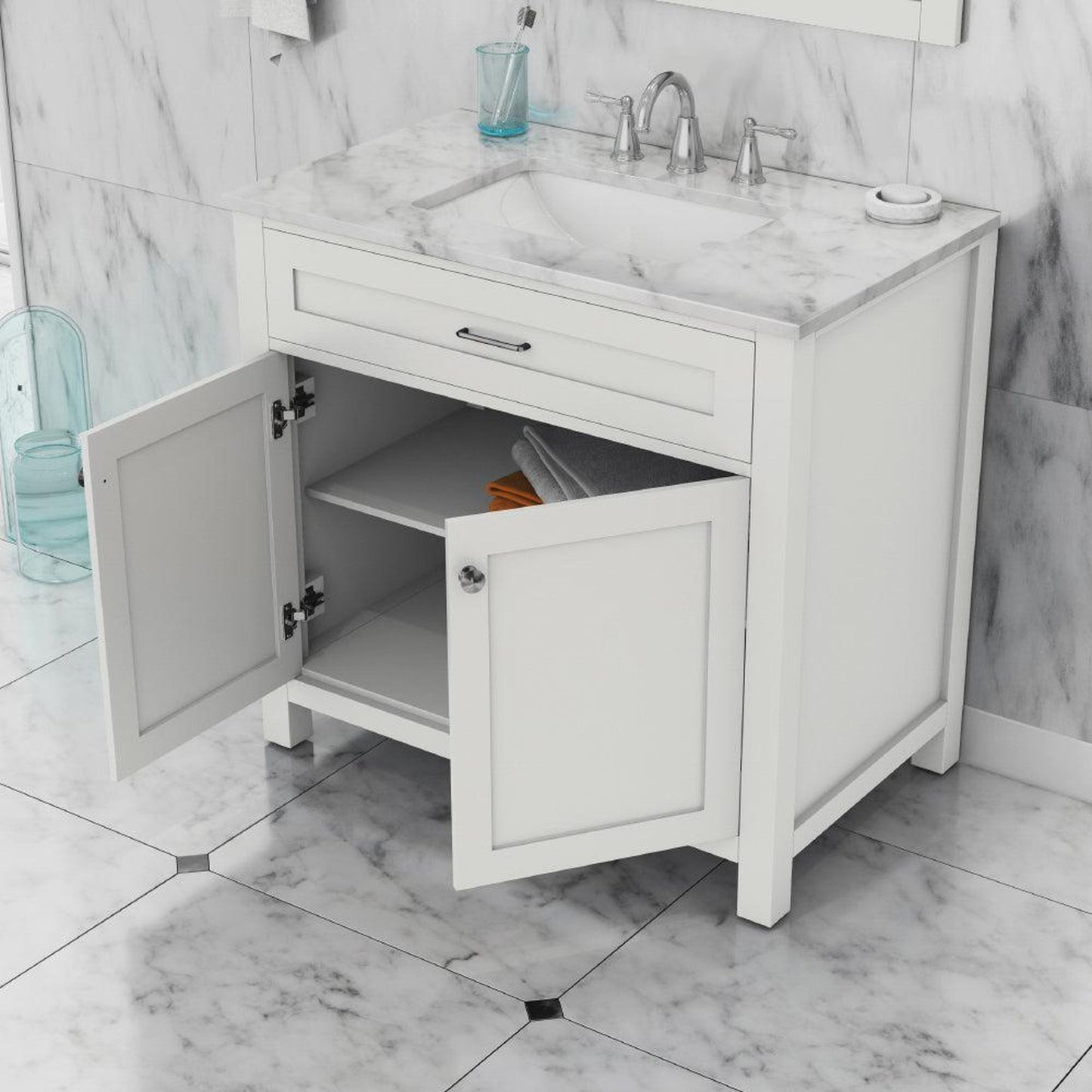 Alya Bath Norwalk 36" Single White Freestanding  Bathroom Vanity With Carrara Marble Top, Ceramic Sink and Wall Mounted Mirror - HE-101-36-W-CWMT + HE-101/102-36-W-M