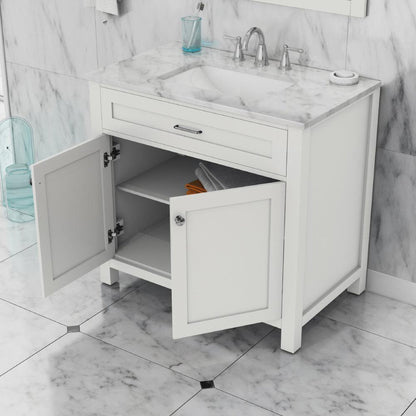 Alya Bath Norwalk 36" Single White Freestanding  Bathroom Vanity With Carrara Marble Top, Ceramic Sink and Wall Mounted Mirror - HE-101-36-W-CWMT + HE-101/102-36-W-M