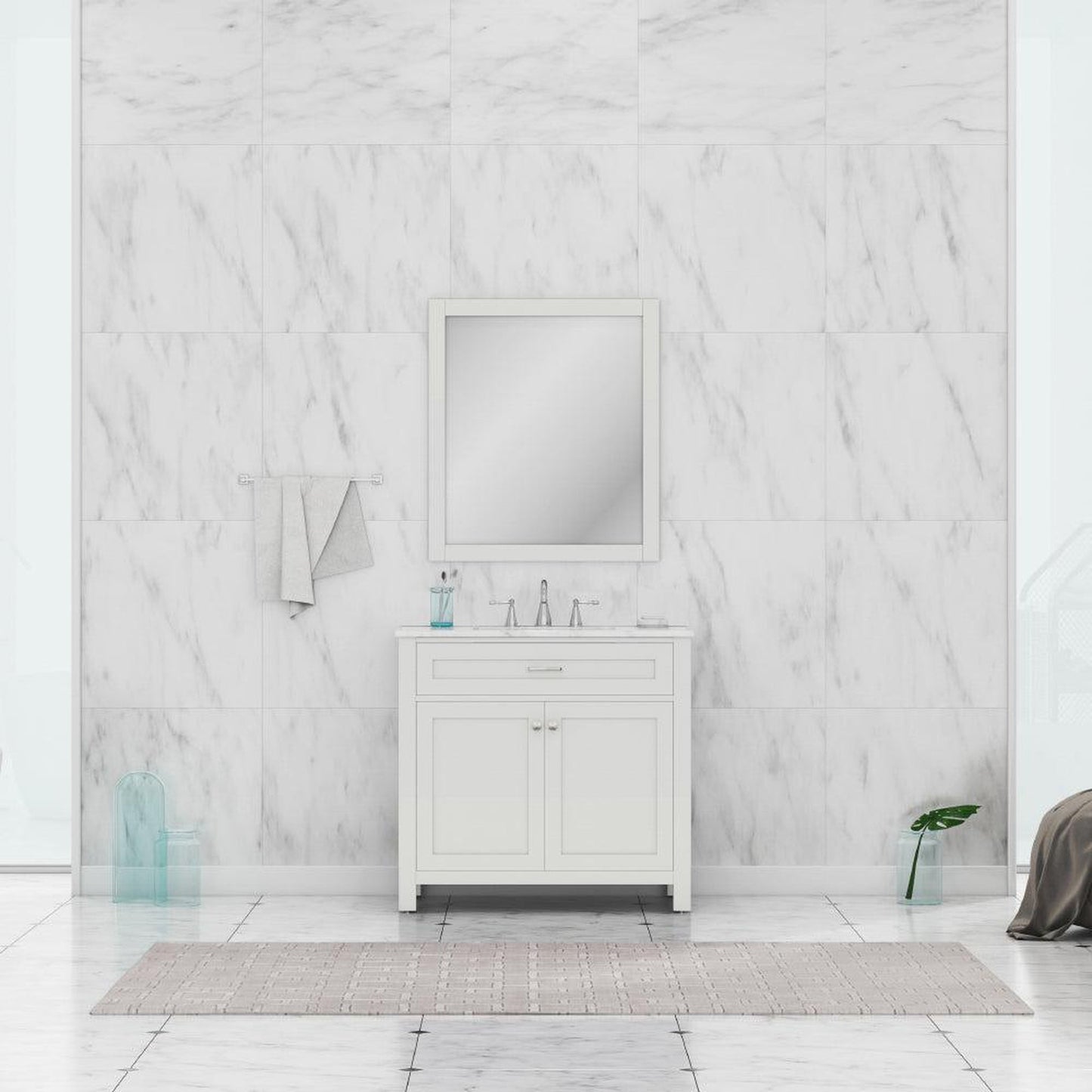 Alya Bath Norwalk 36" Single White Freestanding  Bathroom Vanity With Carrara Marble Top, Ceramic Sink and Wall Mounted Mirror - HE-101-36-W-CWMT + HE-101/102-36-W-M