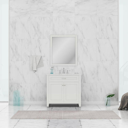 Alya Bath Norwalk 36" Single White Freestanding  Bathroom Vanity With Carrara Marble Top, Ceramic Sink and Wall Mounted Mirror - HE-101-36-W-CWMT + HE-101/102-36-W-M