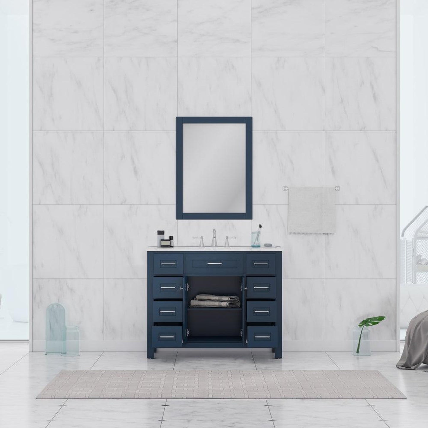 Alya Bath Norwalk 42" Single Blue Freestanding Bathroom Vanity With Carrara Marble Top, Ceramic Sink and Wall Mounted Mirror - HE-101-42-B-CWMT + HE-101/102-42-B-M