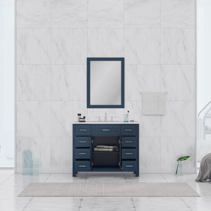 Alya Bath Norwalk 42" Single Blue Freestanding Bathroom Vanity With Carrara Marble Top, Ceramic Sink and Wall Mounted Mirror - HE-101-42-B-CWMT + HE-101/102-42-B-M