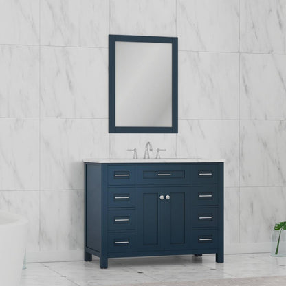 Alya Bath Norwalk 42" Single Blue Freestanding Bathroom Vanity With Carrara Marble Top, Ceramic Sink and Wall Mounted Mirror - HE-101-42-B-CWMT + HE-101/102-42-B-M