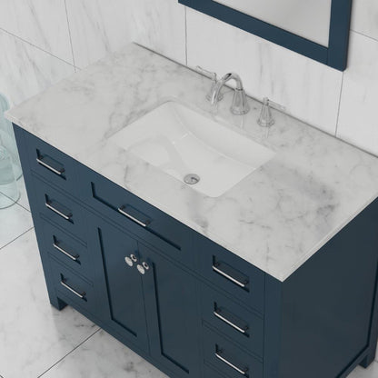 Alya Bath Norwalk 42" Single Blue Freestanding Bathroom Vanity With Carrara Marble Top, Ceramic Sink and Wall Mounted Mirror - HE-101-42-B-CWMT + HE-101/102-42-B-M