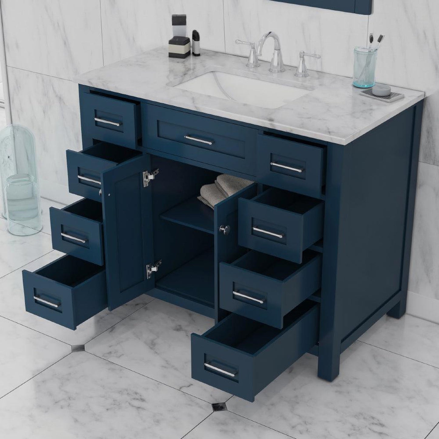 Alya Bath Norwalk 42" Single Blue Freestanding Bathroom Vanity With Carrara Marble Top, Ceramic Sink and Wall Mounted Mirror - HE-101-42-B-CWMT + HE-101/102-42-B-M