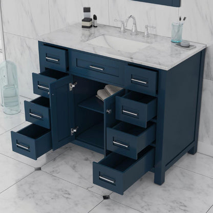 Alya Bath Norwalk 42" Single Blue Freestanding Bathroom Vanity With Carrara Marble Top, Ceramic Sink and Wall Mounted Mirror - HE-101-42-B-CWMT + HE-101/102-42-B-M