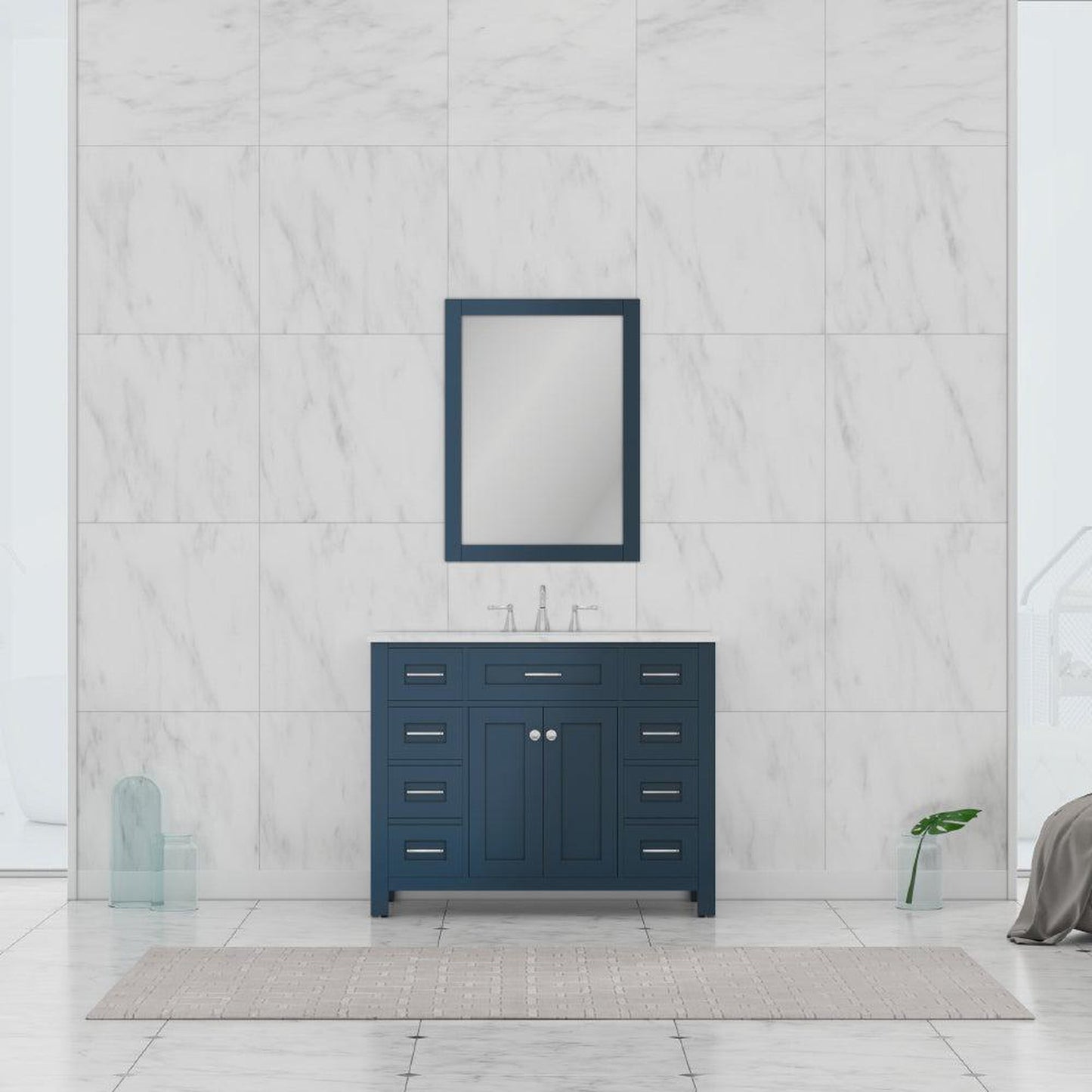 Alya Bath Norwalk 42" Single Blue Freestanding Bathroom Vanity With Carrara Marble Top, Ceramic Sink and Wall Mounted Mirror - HE-101-42-B-CWMT + HE-101/102-42-B-M