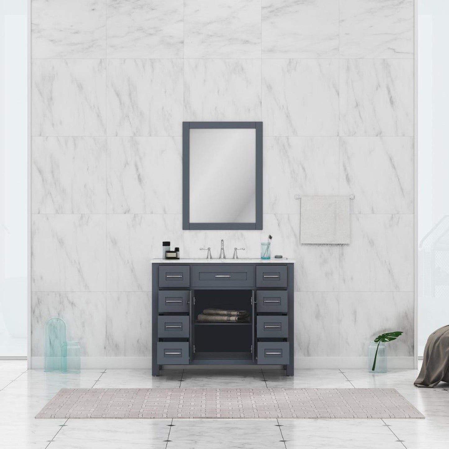 Alya Bath Norwalk 42" Single Gray Freestanding  Bathroom Vanity With Carrara Marble Top, Ceramic Sink and Wall Mounted Mirror