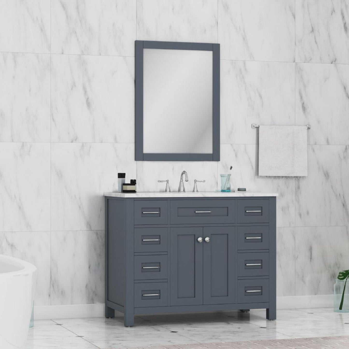 Alya Bath Norwalk 42" Single Gray Freestanding  Bathroom Vanity With Carrara Marble Top, Ceramic Sink and Wall Mounted Mirror