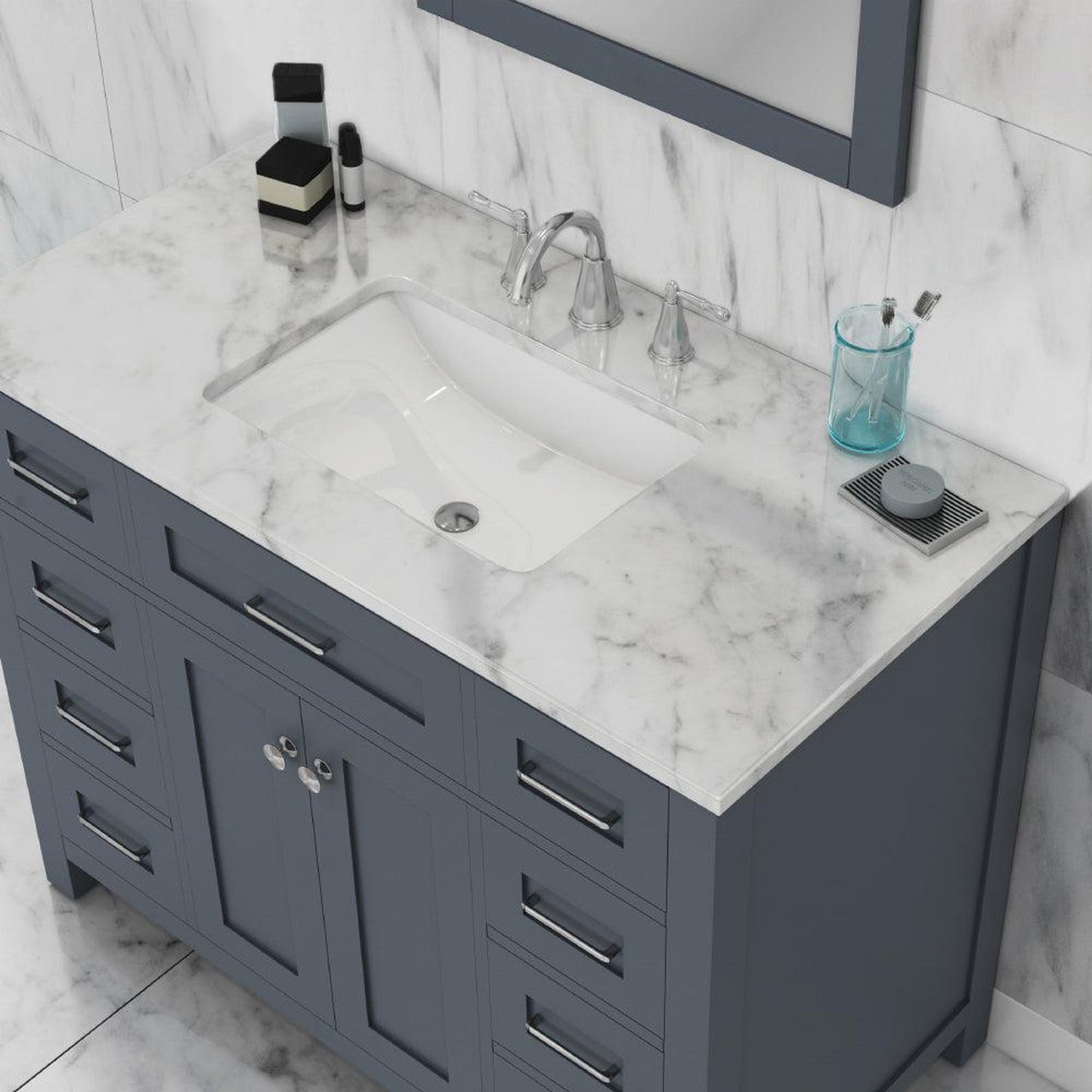 Alya Bath Norwalk 42" Single Gray Freestanding  Bathroom Vanity With Carrara Marble Top, Ceramic Sink and Wall Mounted Mirror