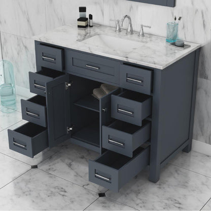 Alya Bath Norwalk 42" Single Gray Freestanding  Bathroom Vanity With Carrara Marble Top, Ceramic Sink and Wall Mounted Mirror