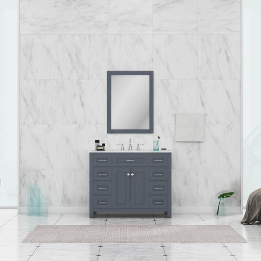 Alya Bath Norwalk 42" Single Gray Freestanding  Bathroom Vanity With Carrara Marble Top, Ceramic Sink and Wall Mounted Mirror