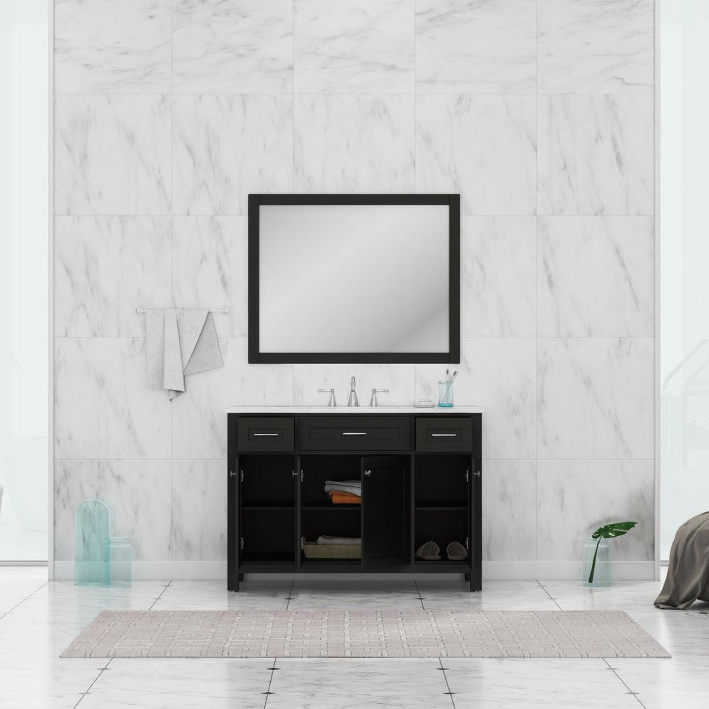 Alya Bath Norwalk 48" Single Espresso Freestanding  Bathroom Vanity With Carrara Marble Top, Ceramic Sink and Wall Mounted Mirror - HE-101-48-E-CWMT + HE-101/102-42-E-M