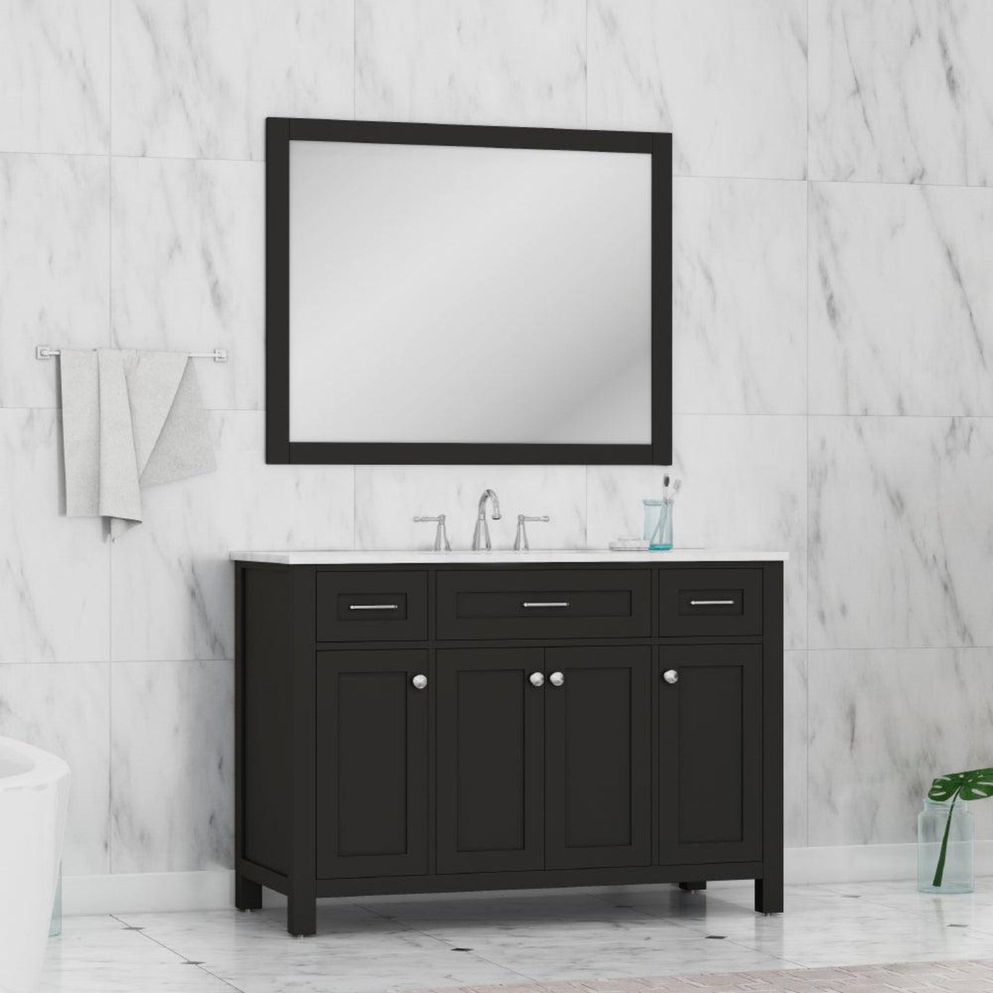 Alya Bath Norwalk 48" Single Espresso Freestanding  Bathroom Vanity With Carrara Marble Top, Ceramic Sink and Wall Mounted Mirror - HE-101-48-E-CWMT + HE-101/102-42-E-M