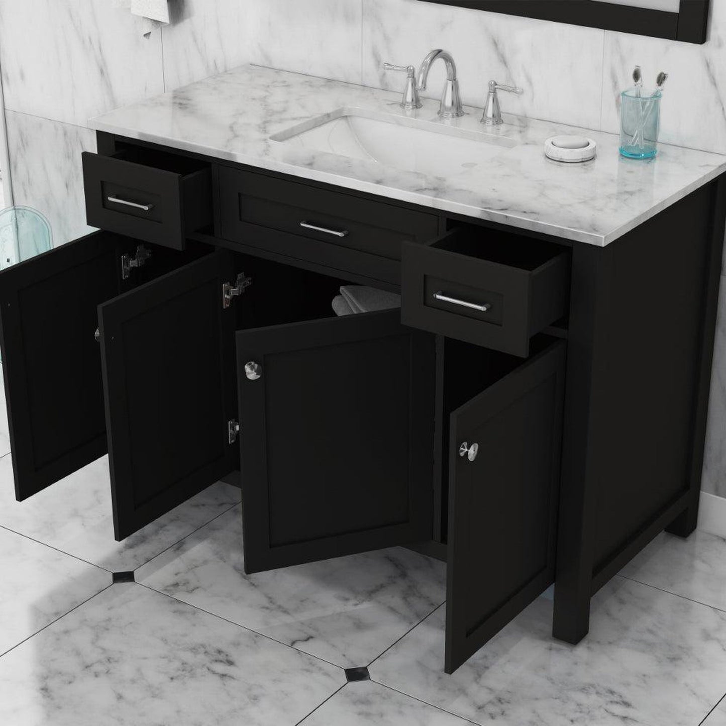 Alya Bath Norwalk 48" Single Espresso Freestanding  Bathroom Vanity With Carrara Marble Top, Ceramic Sink and Wall Mounted Mirror - HE-101-48-E-CWMT + HE-101/102-42-E-M