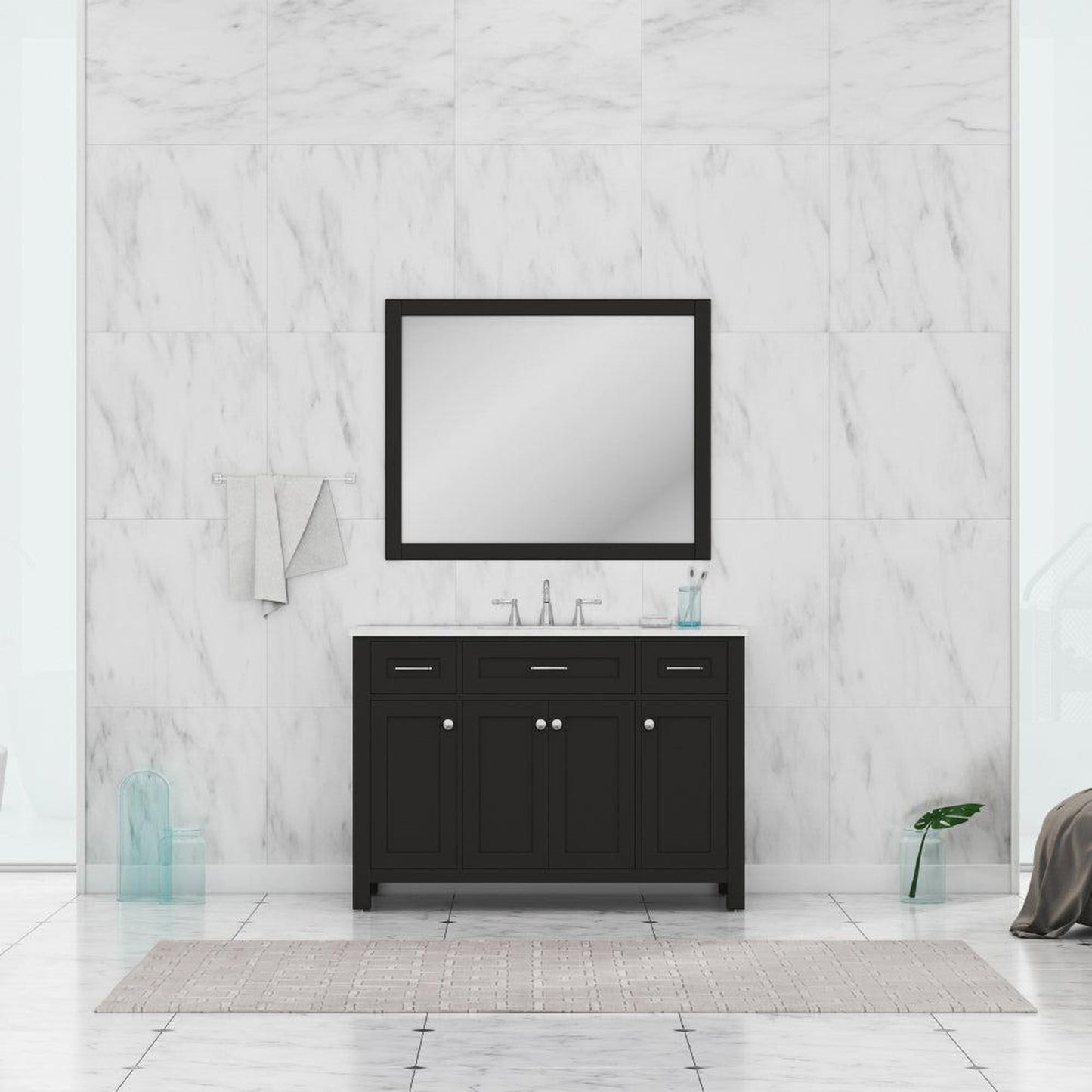 Alya Bath Norwalk 48" Single Espresso Freestanding  Bathroom Vanity With Carrara Marble Top, Ceramic Sink and Wall Mounted Mirror - HE-101-48-E-CWMT + HE-101/102-42-E-M