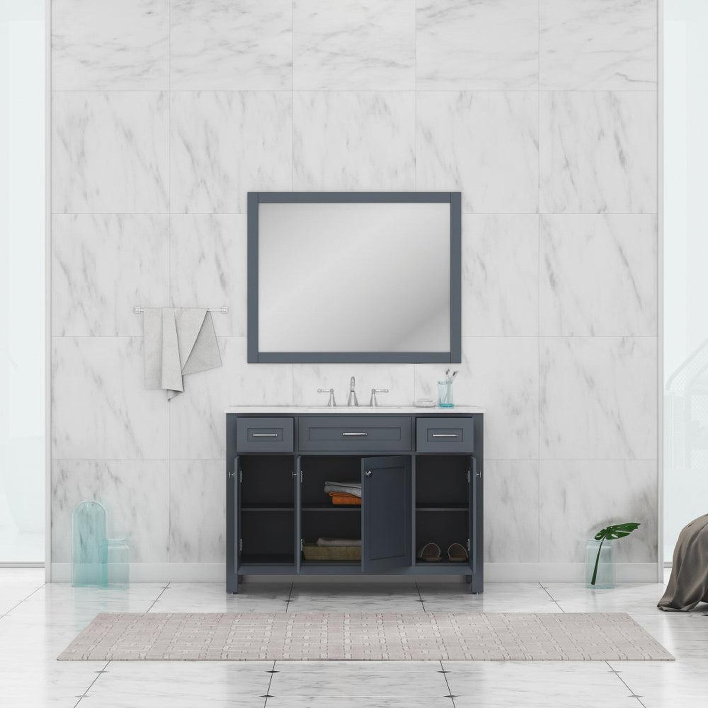 Alya Bath Norwalk 48" Single Gray Freestanding  Bathroom Vanity With Carrara Marble Top, Ceramic Sink and Wall Mounted Mirror - HE-101-48-G-CWMT + HE-101/102-42-G-M