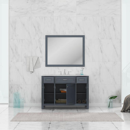Alya Bath Norwalk 48" Single Gray Freestanding  Bathroom Vanity With Carrara Marble Top, Ceramic Sink and Wall Mounted Mirror - HE-101-48-G-CWMT + HE-101/102-42-G-M