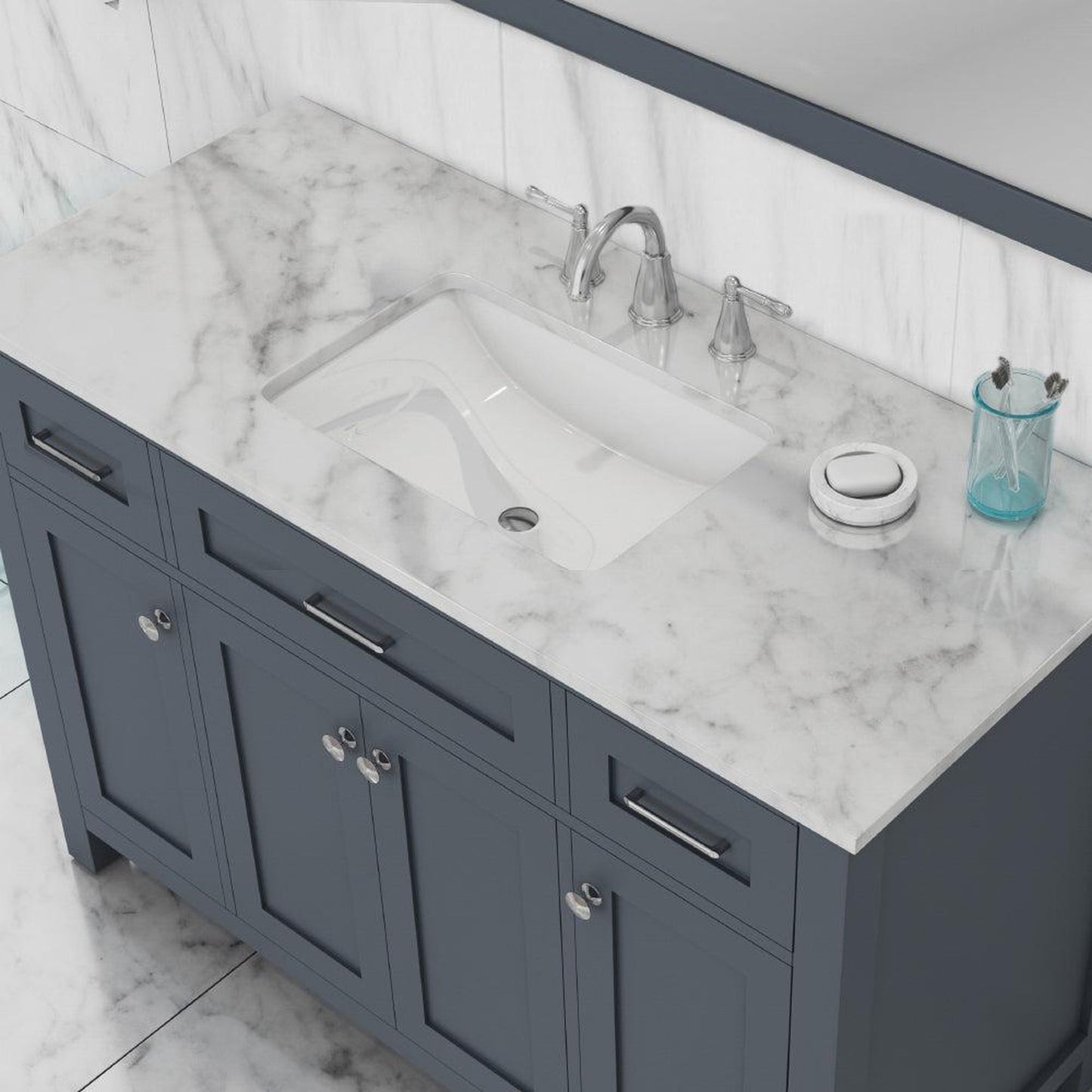 Alya Bath Norwalk 48" Single Gray Freestanding  Bathroom Vanity With Carrara Marble Top, Ceramic Sink and Wall Mounted Mirror - HE-101-48-G-CWMT + HE-101/102-42-G-M