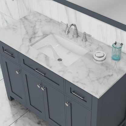 Alya Bath Norwalk 48" Single Gray Freestanding  Bathroom Vanity With Carrara Marble Top, Ceramic Sink and Wall Mounted Mirror - HE-101-48-G-CWMT + HE-101/102-42-G-M