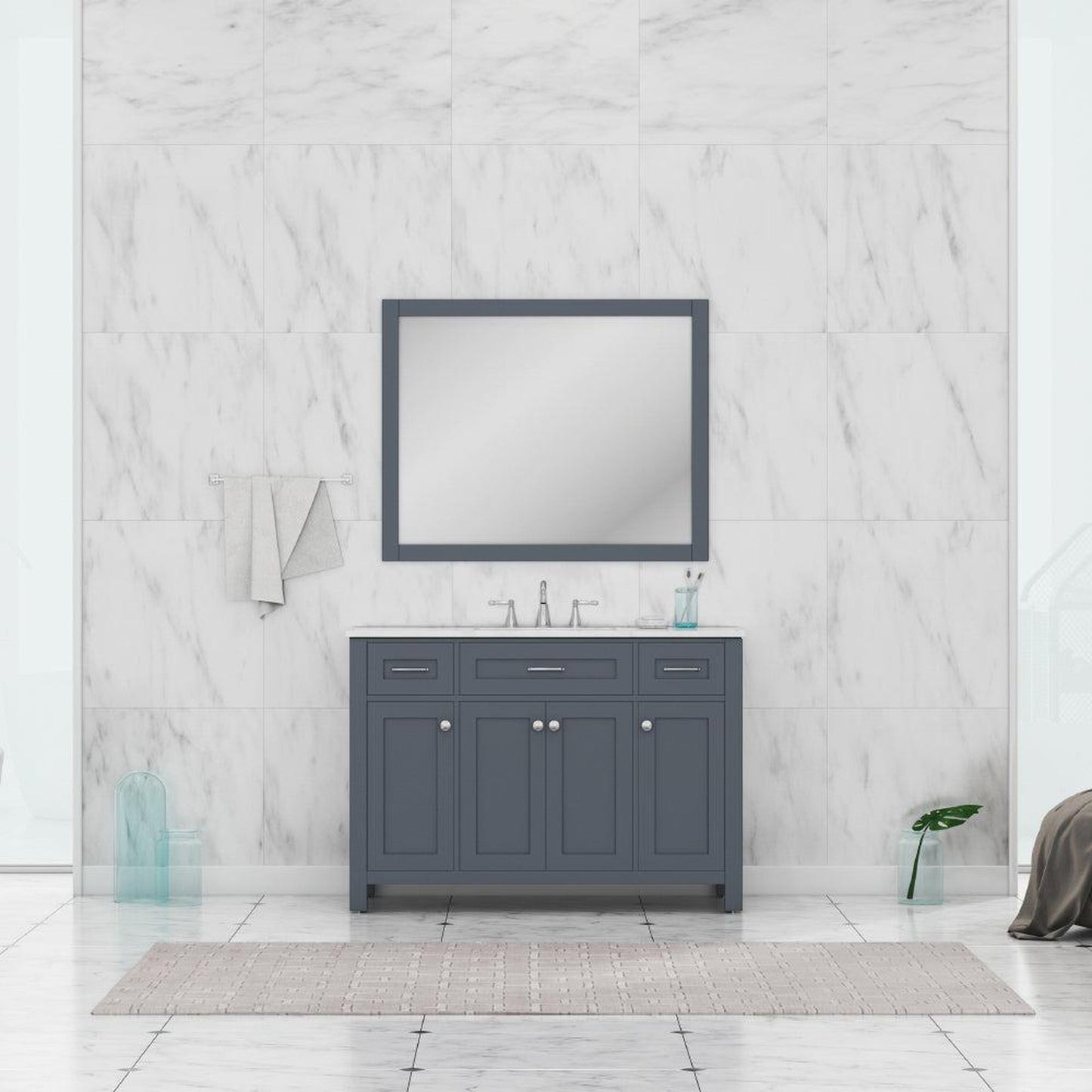 Alya Bath Norwalk 48" Single Gray Freestanding  Bathroom Vanity With Carrara Marble Top, Ceramic Sink and Wall Mounted Mirror - HE-101-48-G-CWMT + HE-101/102-42-G-M