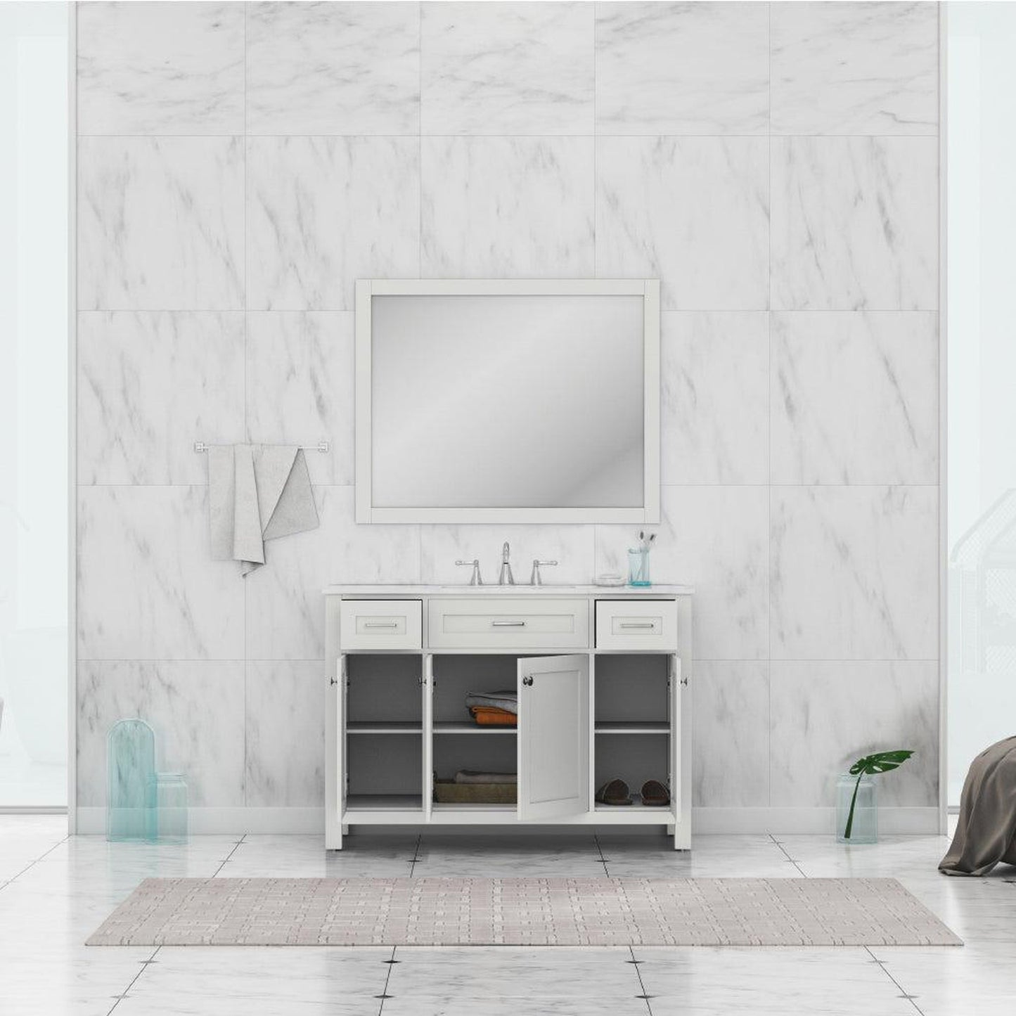 Alya Bath Norwalk 48" Single White Freestanding  Bathroom Vanity With Carrara Marble Top, Ceramic Sink and Wall Mounted Mirror - HE-101-48-W-CWMT + HE-101/102-42-G-M