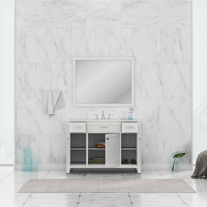 Alya Bath Norwalk 48" Single White Freestanding  Bathroom Vanity With Carrara Marble Top, Ceramic Sink and Wall Mounted Mirror - HE-101-48-W-CWMT + HE-101/102-42-G-M