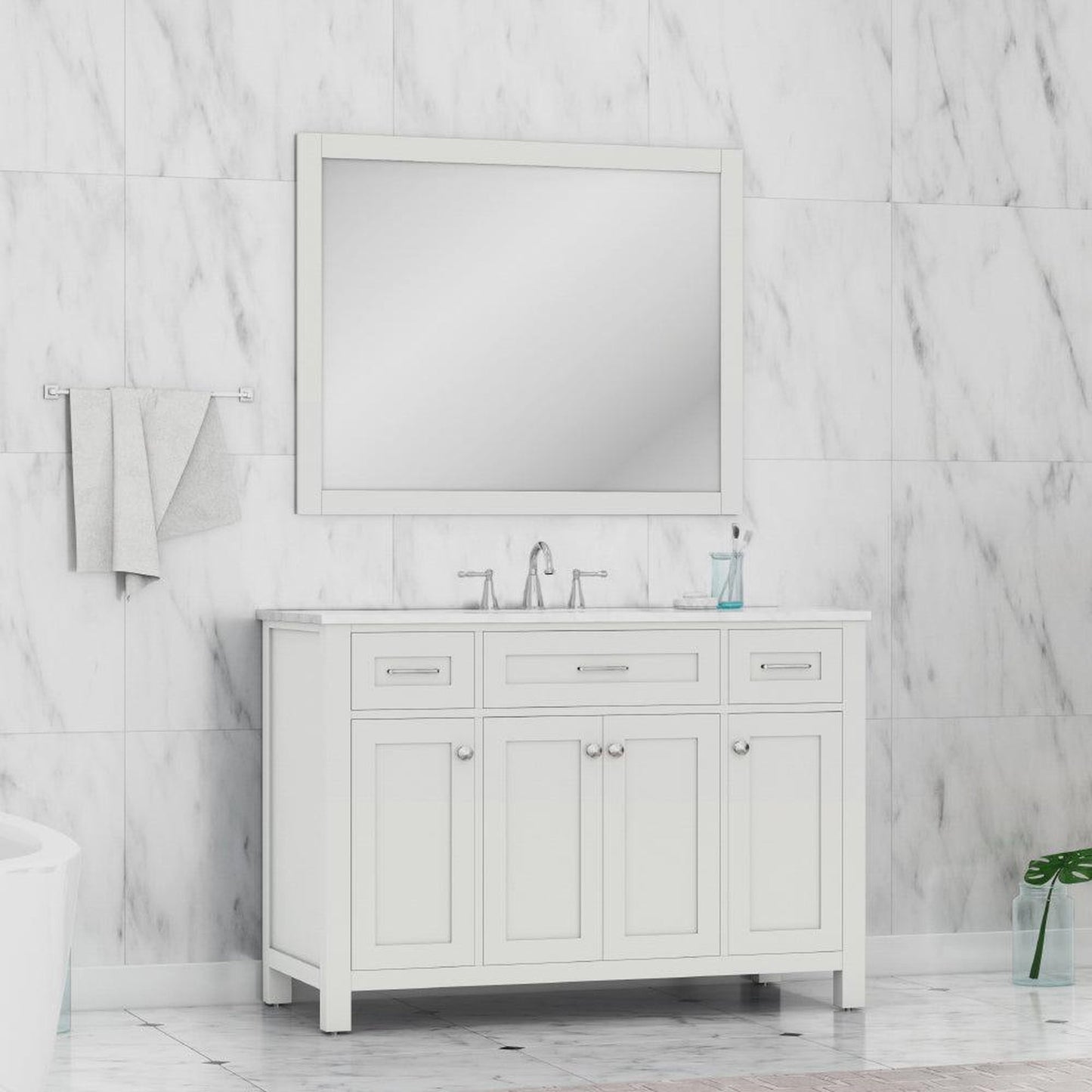 Alya Bath Norwalk 48" Single White Freestanding  Bathroom Vanity With Carrara Marble Top, Ceramic Sink and Wall Mounted Mirror - HE-101-48-W-CWMT + HE-101/102-42-G-M