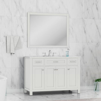 Alya Bath Norwalk 48" Single White Freestanding  Bathroom Vanity With Carrara Marble Top, Ceramic Sink and Wall Mounted Mirror - HE-101-48-W-CWMT + HE-101/102-42-G-M