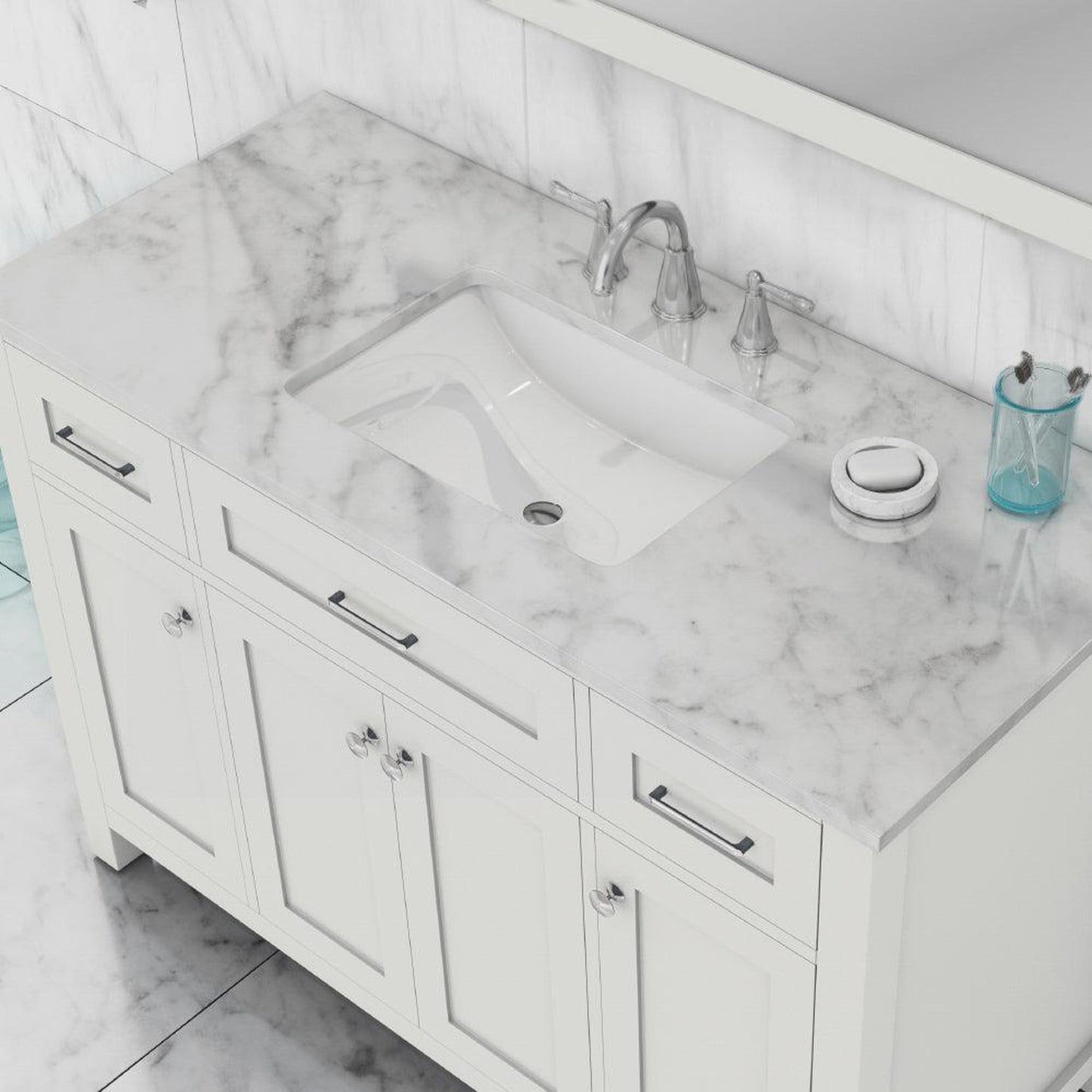 Alya Bath Norwalk 48" Single White Freestanding  Bathroom Vanity With Carrara Marble Top, Ceramic Sink and Wall Mounted Mirror - HE-101-48-W-CWMT + HE-101/102-42-G-M