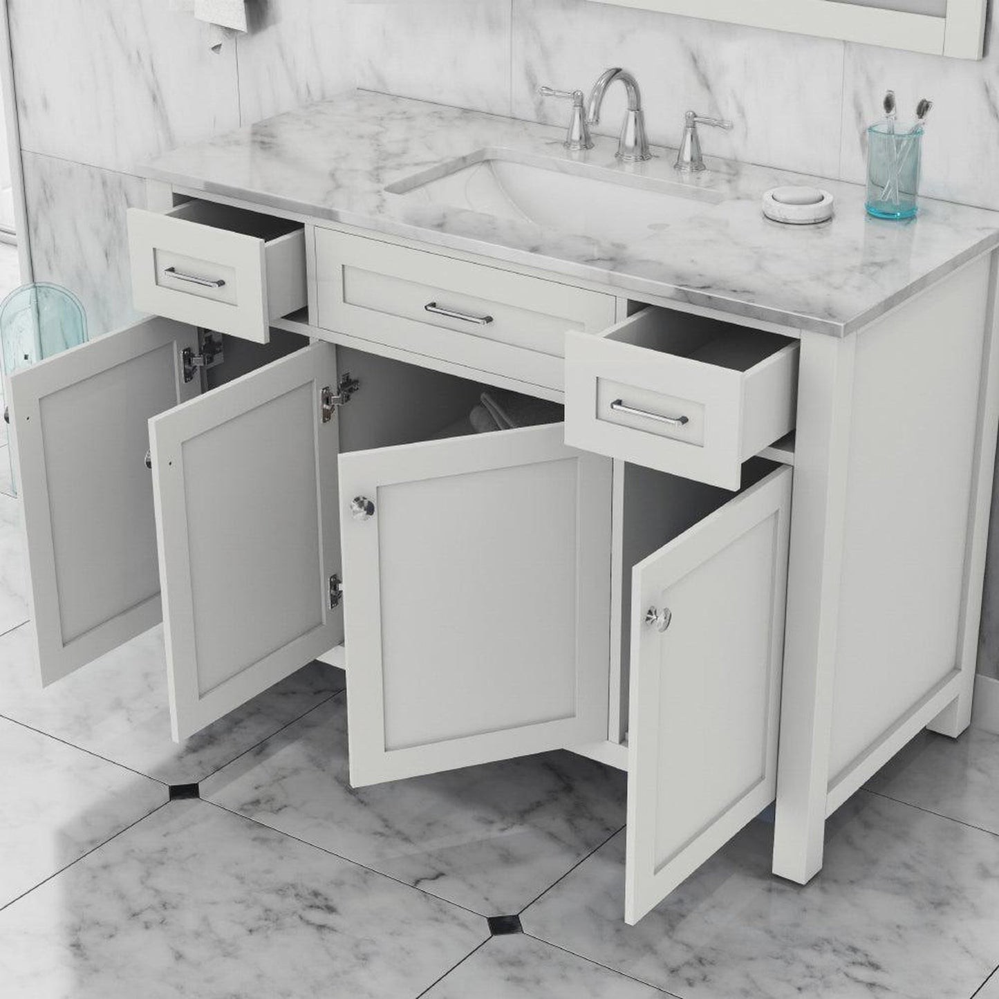 Alya Bath Norwalk 48" Single White Freestanding  Bathroom Vanity With Carrara Marble Top, Ceramic Sink and Wall Mounted Mirror - HE-101-48-W-CWMT + HE-101/102-42-G-M