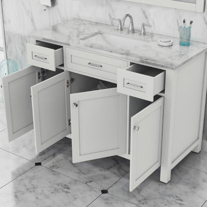 Alya Bath Norwalk 48" Single White Freestanding  Bathroom Vanity With Carrara Marble Top, Ceramic Sink and Wall Mounted Mirror - HE-101-48-W-CWMT + HE-101/102-42-G-M