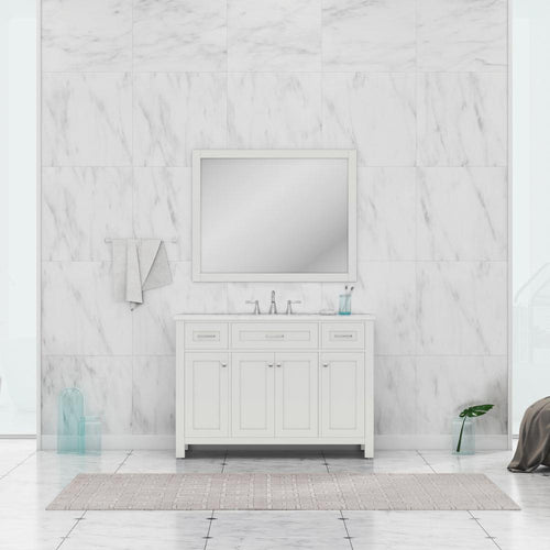 Alya Bath Norwalk 48" Single White Freestanding  Bathroom Vanity With Carrara Marble Top, Ceramic Sink and Wall Mounted Mirror - HE-101-48-W-CWMT + HE-101/102-42-G-M