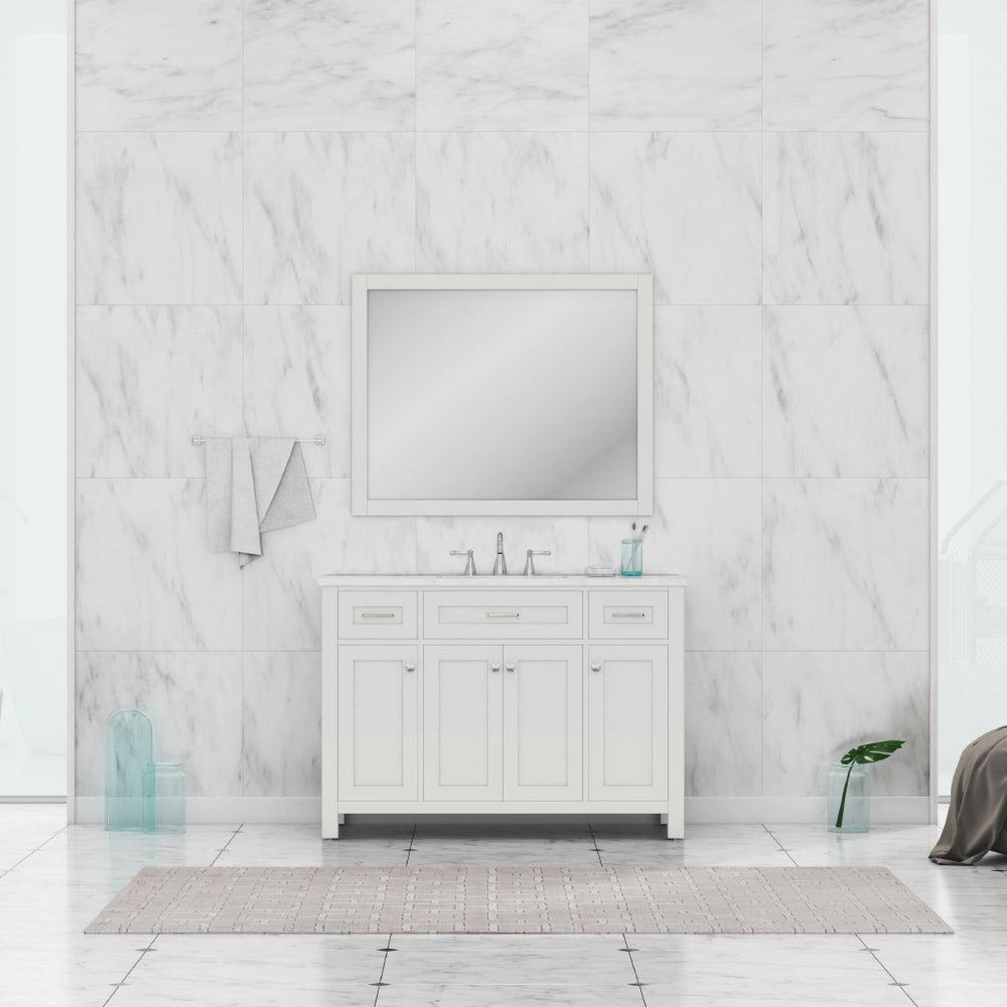 Alya Bath Norwalk 48" Single White Freestanding  Bathroom Vanity With Carrara Marble Top, Ceramic Sink and Wall Mounted Mirror - HE-101-48-W-CWMT + HE-101/102-42-G-M