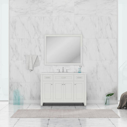 Alya Bath Norwalk 48" Single White Freestanding  Bathroom Vanity With Carrara Marble Top, Ceramic Sink and Wall Mounted Mirror - HE-101-48-W-CWMT + HE-101/102-42-G-M