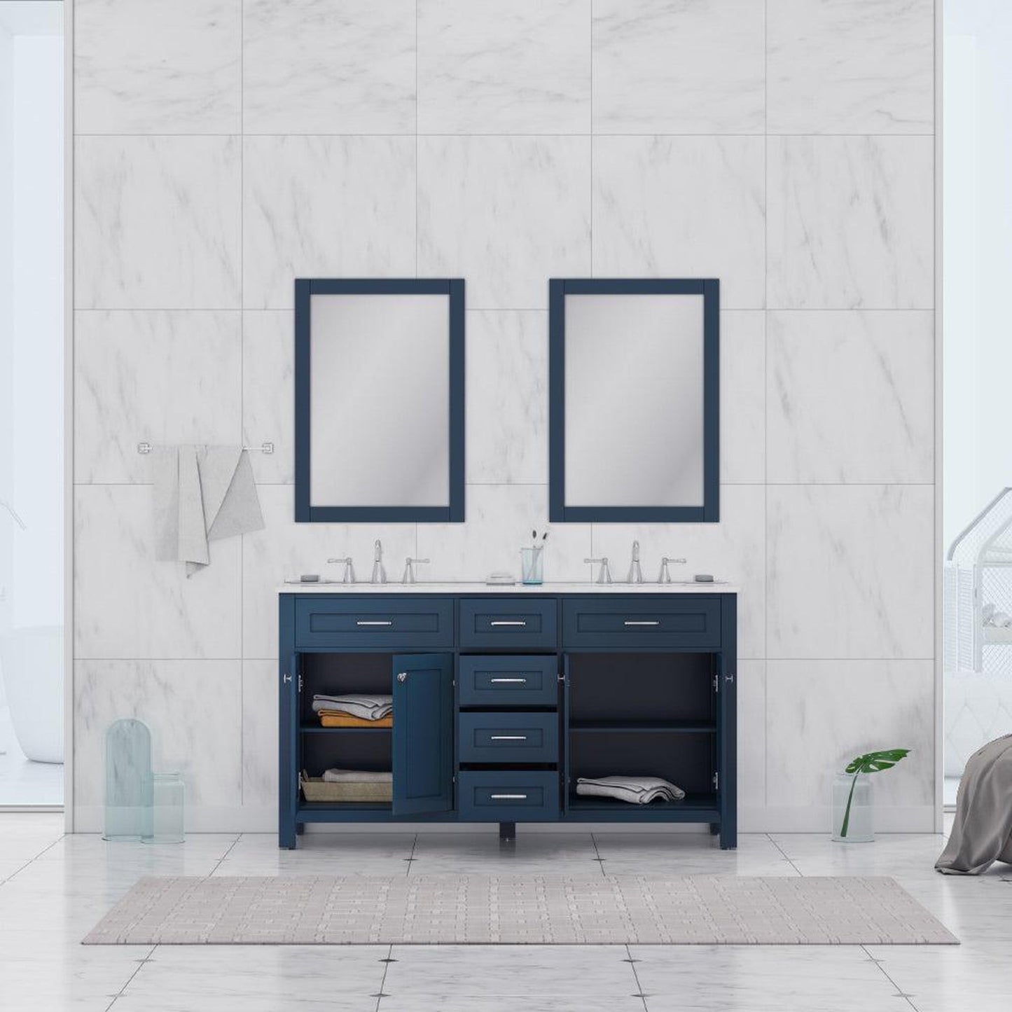 Alya Bath Norwalk 60" Double Blue Freestanding Bathroom Vanity With Carrara Marble Top, Ceramic Sinks and Two Mirrors - HE-101-60D-B-CWMT + 2x HE-101/102-24-B-M