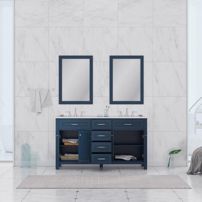 Alya Bath Norwalk 60" Double Blue Freestanding Bathroom Vanity With Carrara Marble Top, Ceramic Sinks and Two Mirrors - HE-101-60D-B-CWMT + 2x HE-101/102-24-B-M