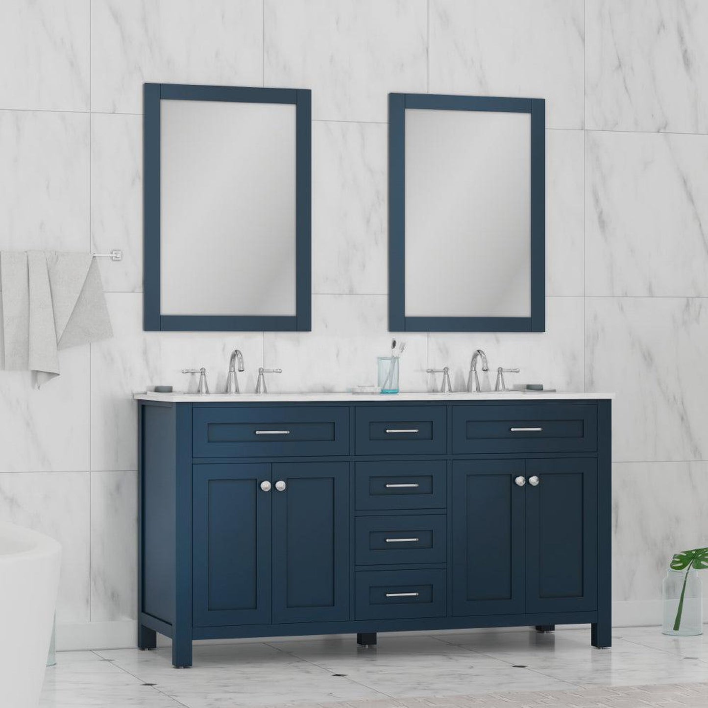 Alya Bath Norwalk 60" Double Blue Freestanding Bathroom Vanity With Carrara Marble Top, Ceramic Sinks and Two Mirrors - HE-101-60D-B-CWMT + 2x HE-101/102-24-B-M