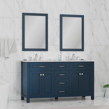 Alya Bath Norwalk 60" Double Blue Freestanding Bathroom Vanity With Carrara Marble Top, Ceramic Sinks and Two Mirrors - HE-101-60D-B-CWMT + 2x HE-101/102-24-B-M