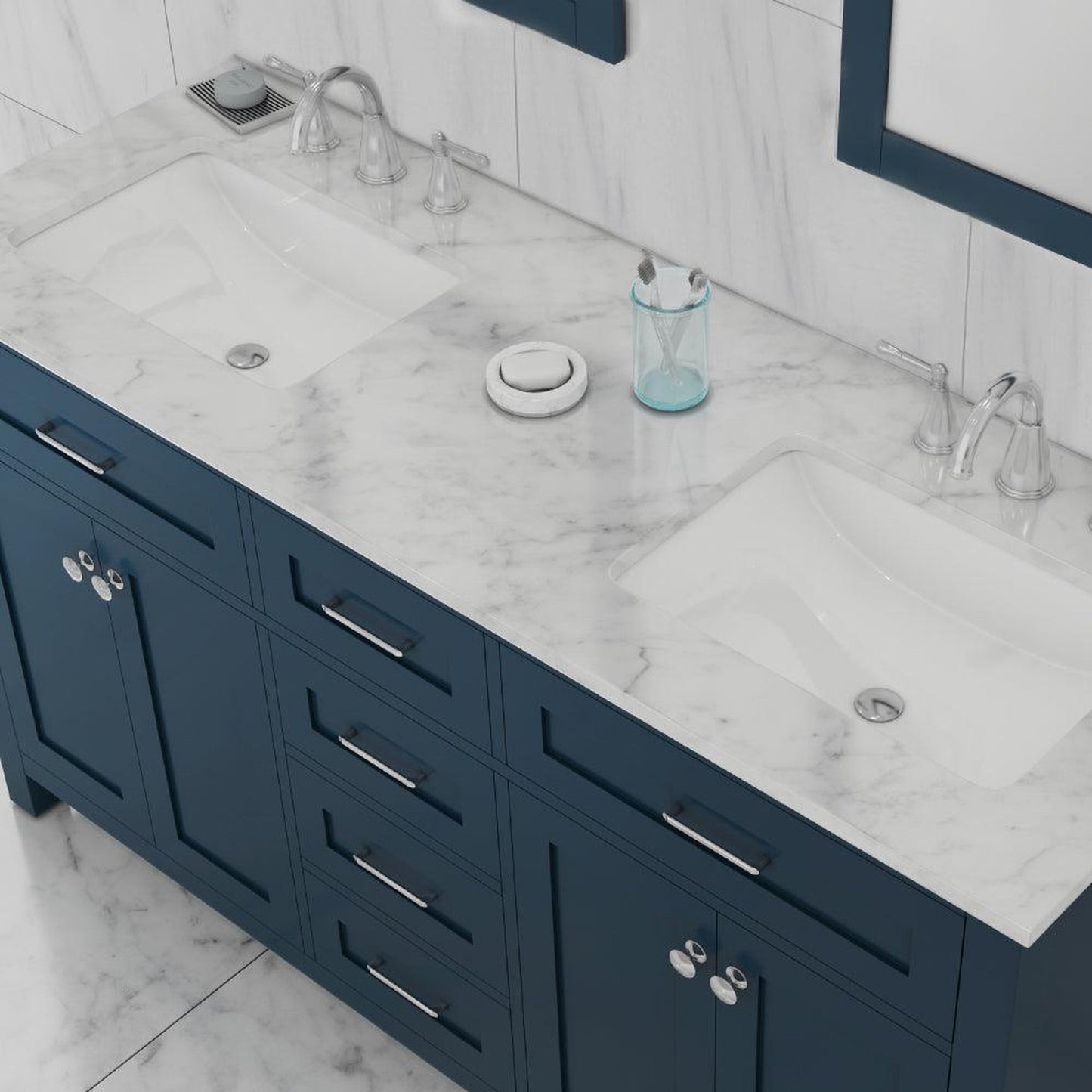 Alya Bath Norwalk 60" Double Blue Freestanding Bathroom Vanity With Carrara Marble Top, Ceramic Sinks and Two Mirrors - HE-101-60D-B-CWMT + 2x HE-101/102-24-B-M