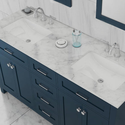 Alya Bath Norwalk 60" Double Blue Freestanding Bathroom Vanity With Carrara Marble Top, Ceramic Sinks and Two Mirrors - HE-101-60D-B-CWMT + 2x HE-101/102-24-B-M