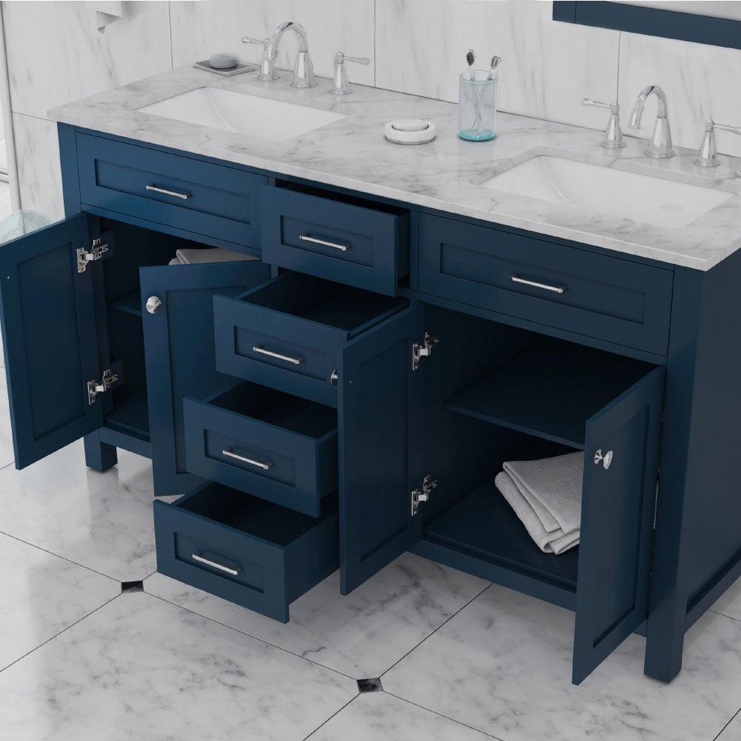 Alya Bath Norwalk 60" Double Blue Freestanding Bathroom Vanity With Carrara Marble Top, Ceramic Sinks and Two Mirrors - HE-101-60D-B-CWMT + 2x HE-101/102-24-B-M
