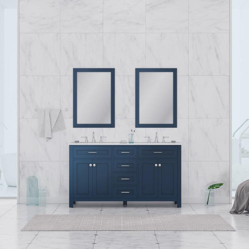Alya Bath Norwalk 60" Double Blue Freestanding Bathroom Vanity With Carrara Marble Top, Ceramic Sinks and Two Mirrors - HE-101-60D-B-CWMT + 2x HE-101/102-24-B-M