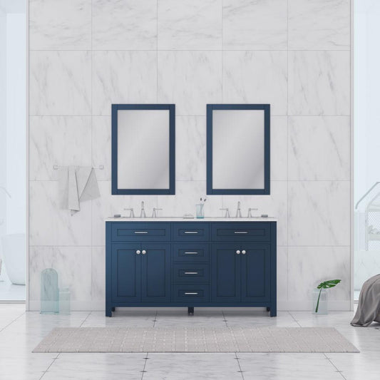 Alya Bath Norwalk 60" Double Blue Freestanding Bathroom Vanity With Carrara Marble Top, Ceramic Sinks and Two Mirrors - HE-101-60D-B-CWMT + 2x HE-101/102-24-B-M