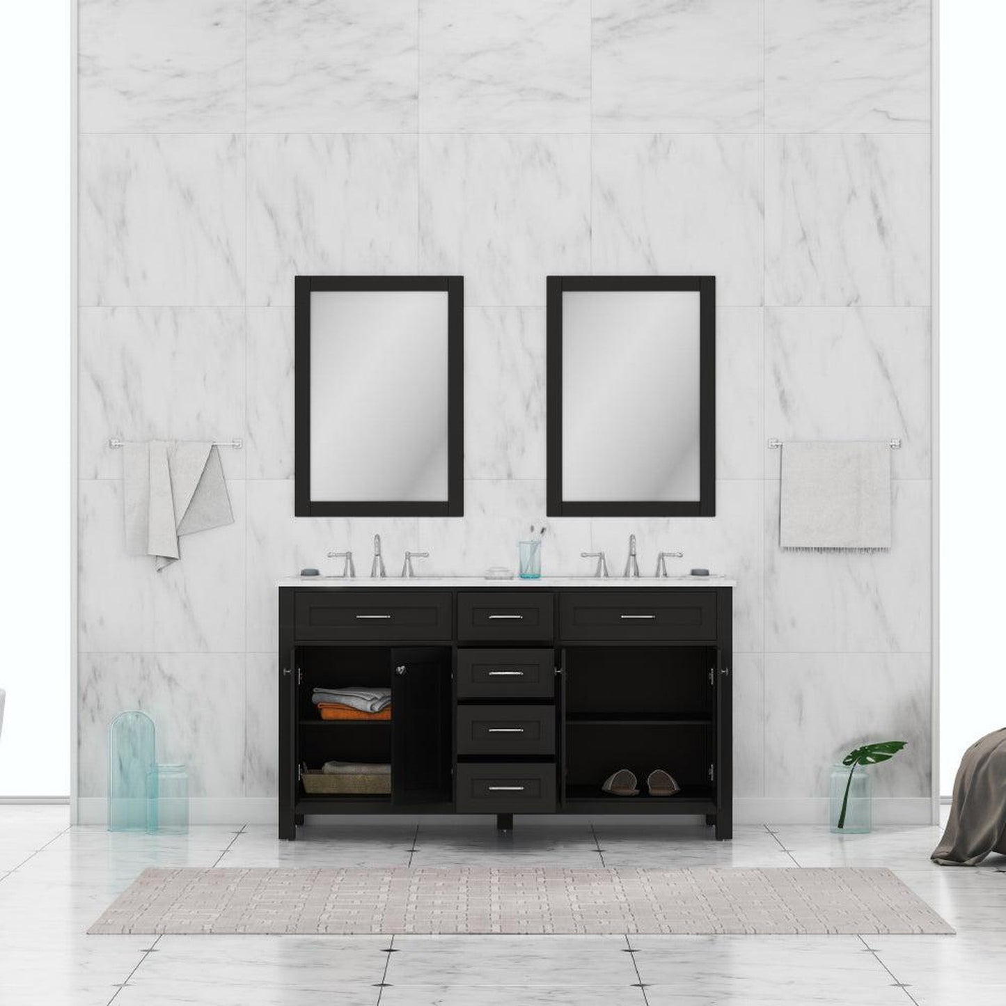 Alya Bath Norwalk 60" Double Espresso Freestanding  Bathroom Vanity With Carrara Marble Top, Ceramic Sinks and Two Mirrors